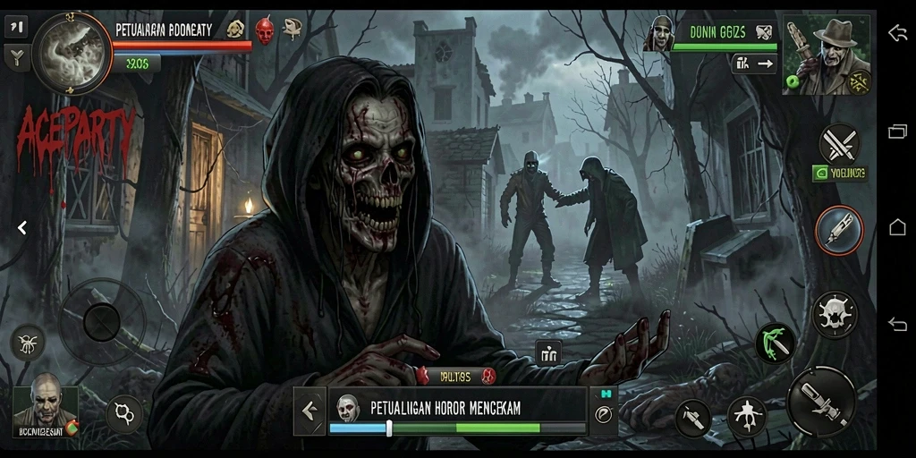Tampilan gameplay mencekam dengan latar yang gelap dan menakutkan.