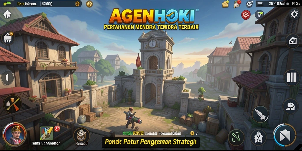 Screenshot gameplay AGENHOKI menampilkan serangan menara melawan musuh.