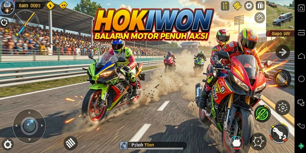 Gameplay seru di HOKIWON dengan berbagai motor dan trek menantang.