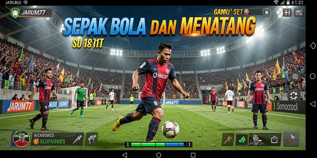 Tampilan gameplay JARUM77 dengan aksi sepak bola yang mendebarkan.