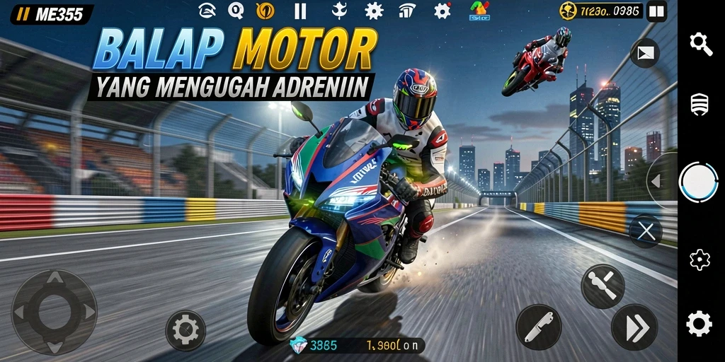 Tampilan gameplay ME355 yang seru dan mendebarkan dalam balapan motor.
