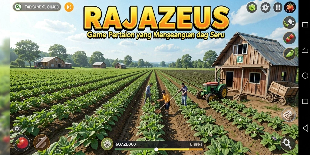 Tangkapan layar gameplay RAJAZEUS menampilkan suasana ladang yang indah.