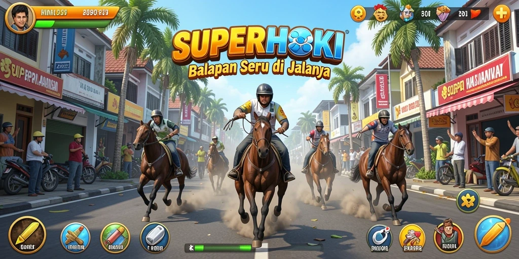 Tampilan screenshot utama SUPERHOKI menampilkan aksi balapan mendebarkan di lintasan.