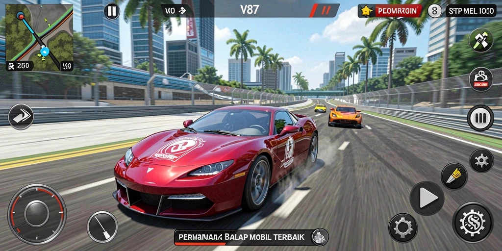 Screenshot gameplay V87 menunjukkan balapan mendebarkan penuh aksi.