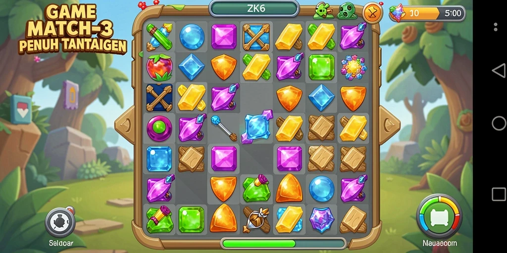 Screenshot gameplay ZK6 menampilkan elemen yang cocok dalam game Match-3.